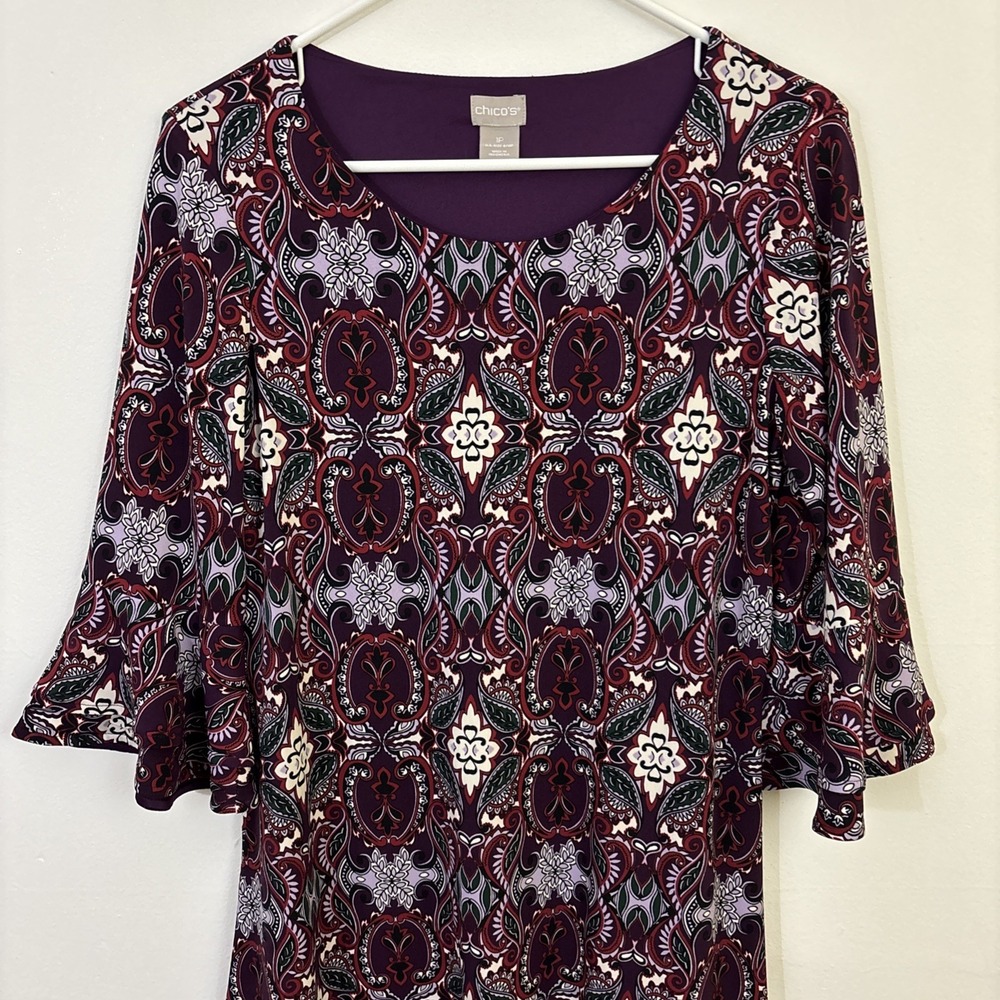 Chicos 1P Dress Maroon Purple Floral Geometric Flare Bell Sleeve Stretch Brunch - Picture 4 of 6